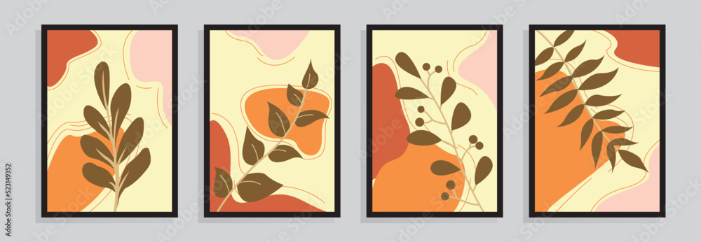 Botanical autumn abstract wall art background. Paper cut geometric elements and strokes, leaves and dots for print, cover, wallpaper, Minimal and natural wall art, social media, postcards, print.