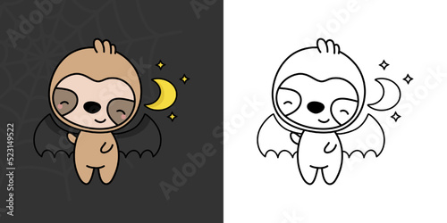 Set Clipart Halloween Sloth Coloring Page and Colored Illustration. Clip Art Kawaii Halloween Animal. Cute Vector Illustration of a Kawaii Halloween Animals in a Vampire Costume.
