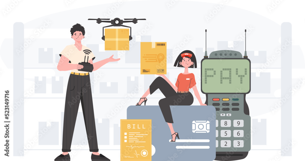 Delivery team. Home products. Food delivery. Finished poster. Cartoon style. Vector.
