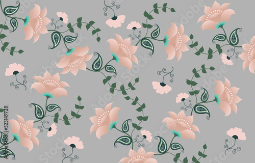 pink vector flowers with green leaves pattern on glay background. seamless ethnic rotary repeat fabric and tile design. photo