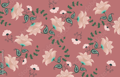 pink vector flowers with green leaves pattern on pink background. seamless ethnic rotary repeat fabric and tile design.
