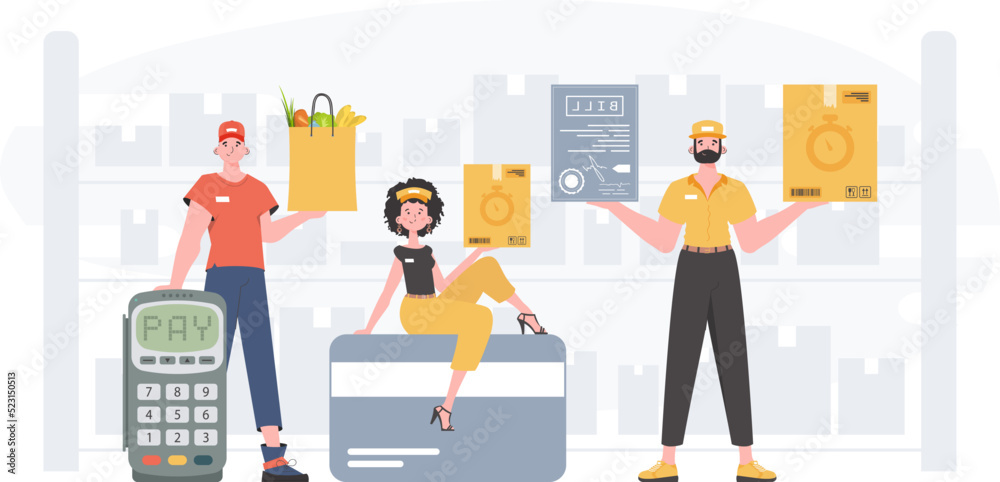 Food and parcel delivery people team. Home products. Food delivery. Finished poster. Cartoon style. Vector. Food and parcel delivery people team. Home products. Food delivery. Finished poster. Cartoon style. Vector.