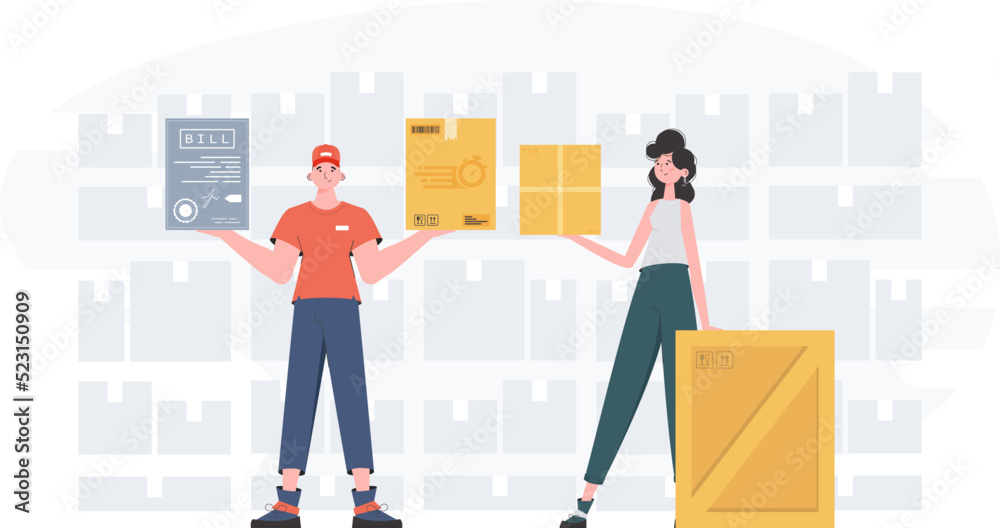 Ready made poster on the theme of home delivery of groceries. Food and parcel delivery people team. Cartoon style. Vector. Ready made poster on the theme of home delivery of groceries. Food and parcel delivery people team. Cartoon style. Vector.