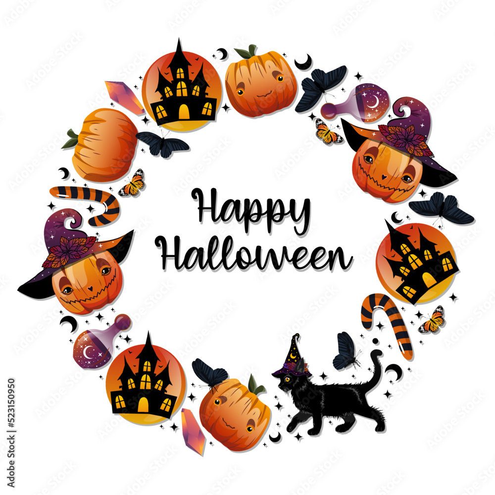 Fototapeta premium Halloween holiday banner design with spooky house, cat, flasks, butterfly and pumpkin. Vector illustration