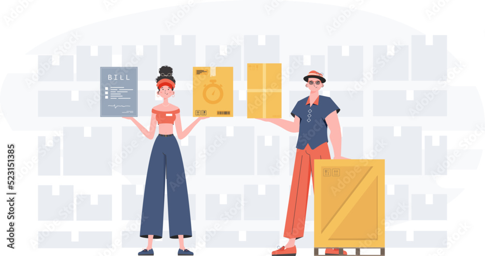 Obraz premium Ready made poster on the topic Products for the home. about food delivery. Food and parcel delivery people team. trendy style. Vector.