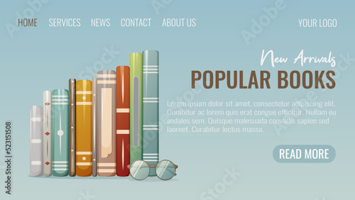 Stack of books with glasses, website interface template. Vector illustration for a bookstore. Reading, learning new information. For students, schoolchildren, lovers of literature