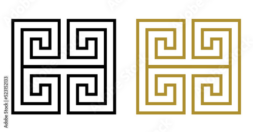 Greek Key square icon in choice of black or gold color outline, PNG transparent background