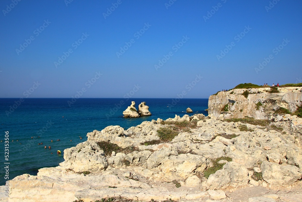 Italy, Salento: View of Two Sisters rocks. Italy, Salento: View of Two Sisters rocks.