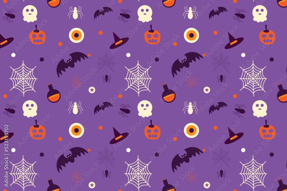 Halloween minimal pattern decoration for book covers and backgrounds. Halloween spooky element pattern decoration with scary bats and ghosts. Halloween seamless pattern vector on a purple background. Halloween minimal pattern decoration for book covers and backgrounds. Halloween spooky element pattern decoration with scary bats and ghosts. Halloween seamless pattern vector on a purple background.
