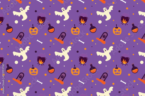 Halloween pattern design on a purple background. Halloween endless pattern design with scary ghosts, pumpkins, and witchcraft. Halloween pattern vector for wrapping papers and bed sheets.