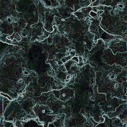 Abstract background. White, green and red threads and fibers on dark green and black background. Alien texture. Stylized ocean map imitation. Generated circles, ovals and lines. Deep water pattern.