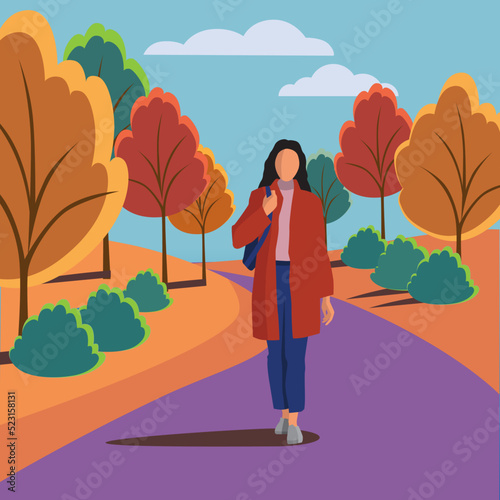 A woman in the park in autumn flat vector illustration
