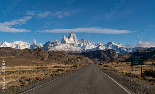 Road to Fitz Roy Mountain in the morning with orange sunlight cover the peak of Fitz Roy, Autumn, Patagonia, Argentina.