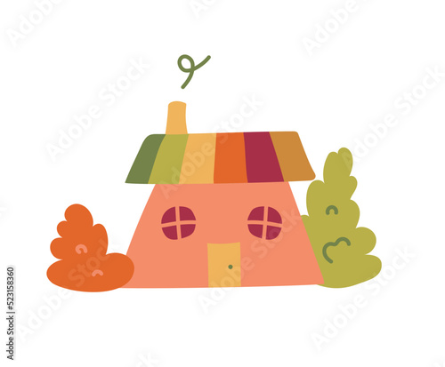 Drawing green eco modest house at village. Cute children's drawing of a house with bushes and a chimney. Home building construction isolated minimalism concept.