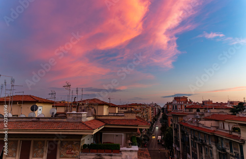 Sunset over Rome, Italy from the roof of a residential apartment building