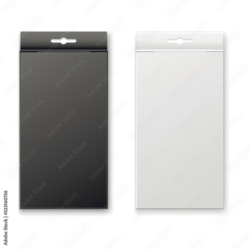 Mock up packaging boxes with hang tab. White and black boxes. Mock up packaging boxes with hang tab. White and black boxes.