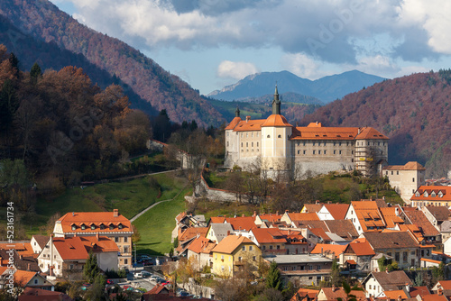 Slovenia. Škofja Loka castle sulla collina sopra il borgo photo