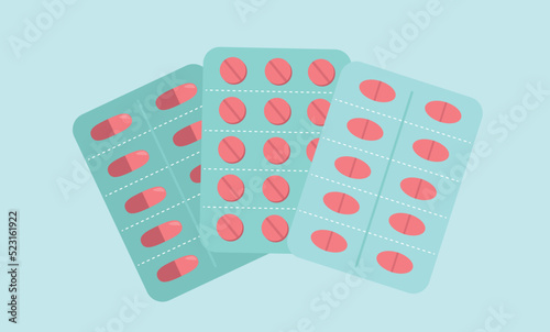 Medical pills and medications for health care concept, pharmacy set. Tablets, blisters for capsules, drugs collection isolated. Vector illustration in a cartoon flat style.