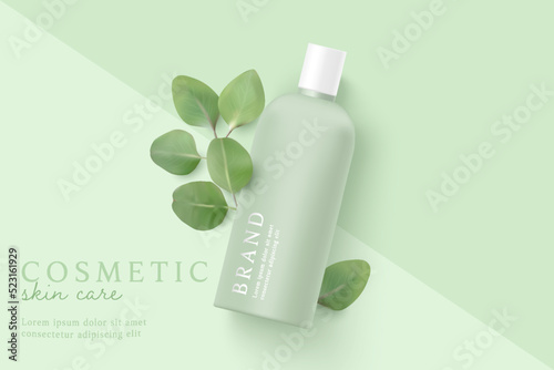 Natural cosmetics and skin care product ads template on green background with leaves.