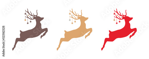 set of jumping christmas deer with stars isolated on white