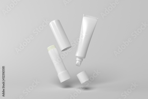 3d render mockup flying empty white packing chapstick or lip balm
