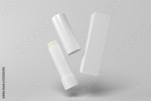 3d render mockup flying empty white packing chapstick or lip balm