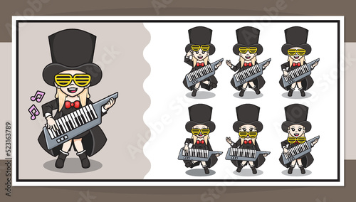 Cute cartoon character of rockstar girl playing piano guitar with step by step animation