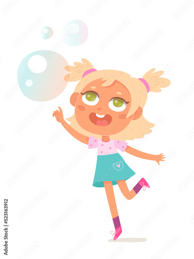 Girl playing with soap bubbles, blonde jumping for transparent balls of soap suds Girl playing with soap bubbles, blonde jumping for transparent balls of soap suds