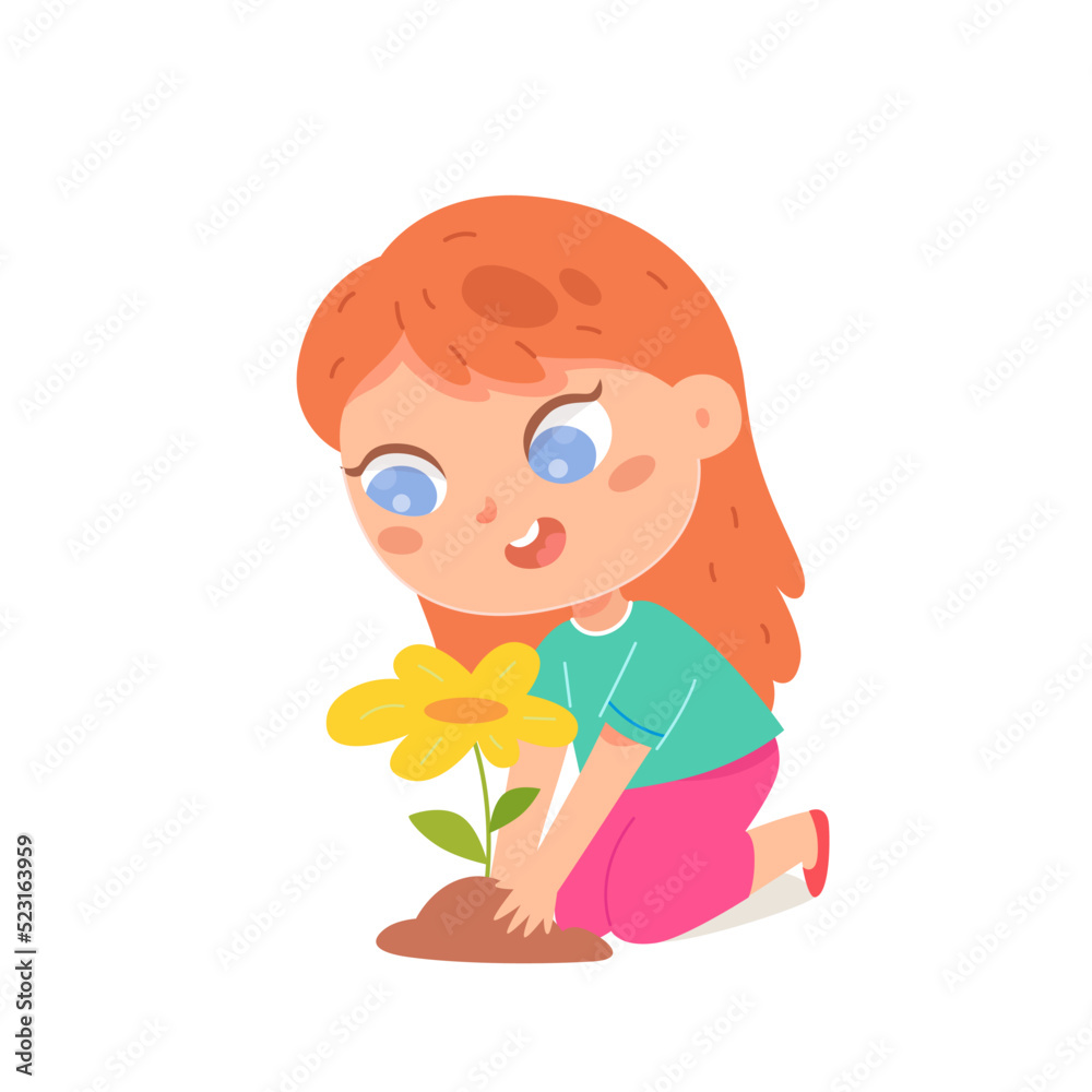 Cute kid planting flower in ground of garden, girl holding flower seedlings to plant Cute kid planting flower in ground of garden, girl holding flower seedlings to plant