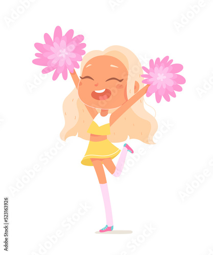 Cheerleader dancing energy dance with pink pom poms, cute girl dancer in uniform