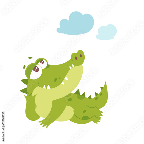 Cute adorable crocodile character with full belly resting under clouds in lazy pose