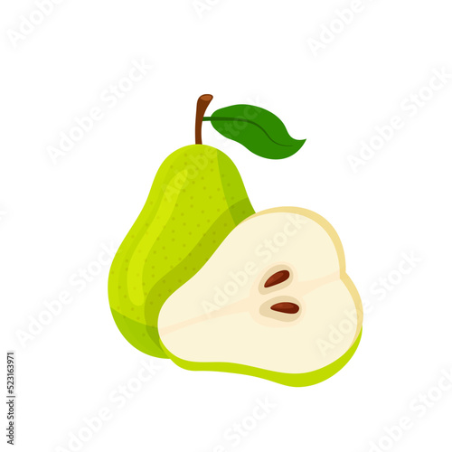 Green pears, whole fresh sweet pear with leaf on stem, ripe juicy fruit cut in half