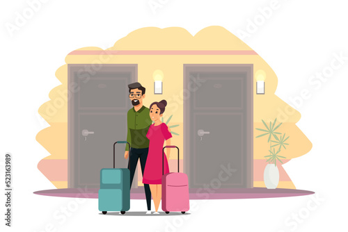 People with suitcases standing in hotel corridor in front of entrance doors, booking room