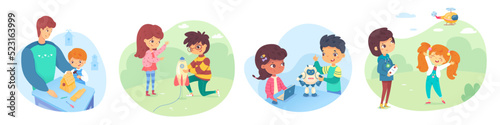 Kids playing games in school or garden illustration set. Weekend hobby activities vector. Boy and girl launching rocket, operating robot from laptop, flying helicopter, building birdhouse.