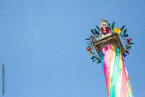 Newcastle upon Tyne England - 26th June 2018  Newcastle upon Tyne. Grey s Monument decorated for the Workers Maypole Baltic exhibition with multicoloured flags