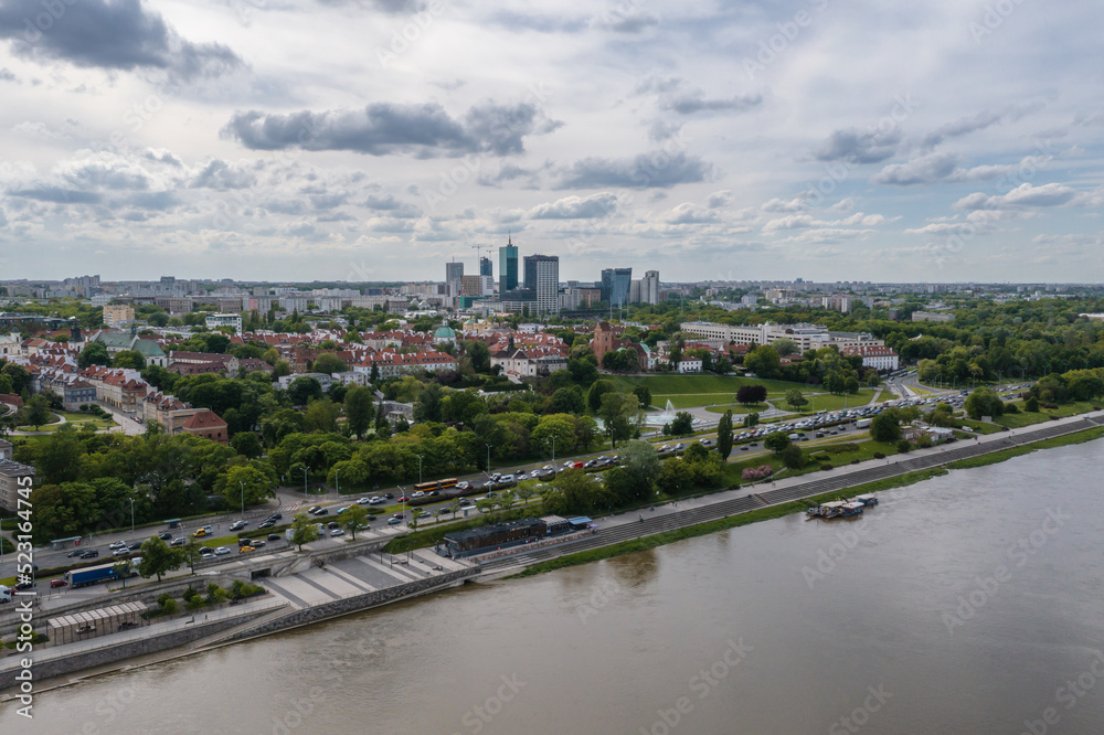 Drone view of Vistula River and Old Town in Warsaw city, Poland