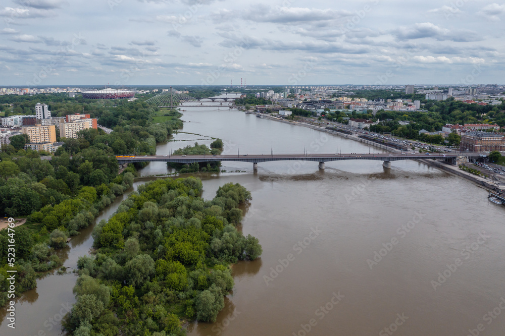 Aerial view of Slasko-Dabrowski Bridge over Vistula River in Warsaw city, Poland