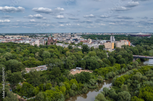 Vistula River in Warsaw city, Poland, view with buildings in North Praga area