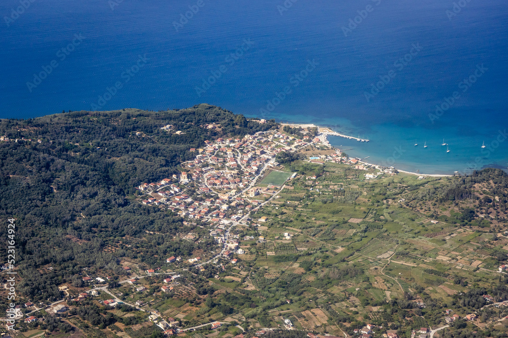 Greek island of Corfu also called Kerkyra, aerial view from passenger plane