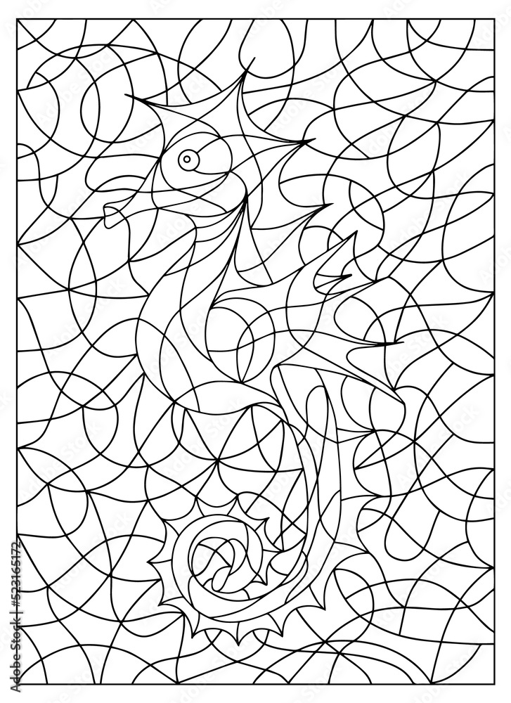Black and White Illustration in stained glass style with abstract Seahorse. Image for Coloring Book, Coloring Page, Print, Batik and Window.