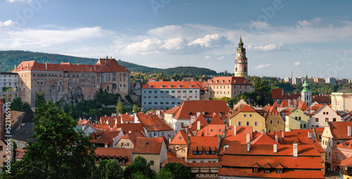 Panorama of Cesky Krumlov. Castle, Tower, cityscape Cesky Krumlov, Czech republic. UNESCO World Heritage Site.