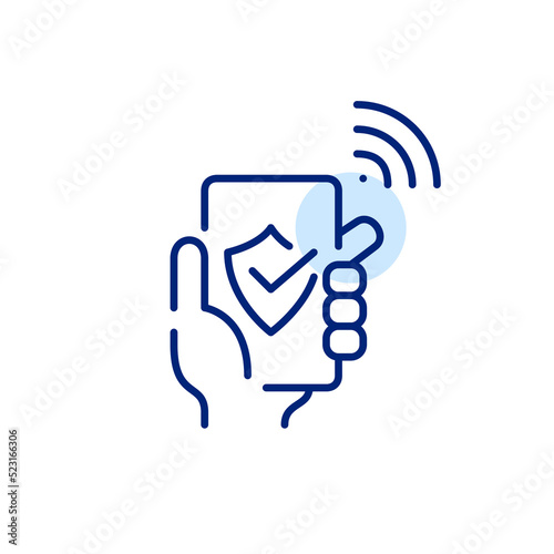 Hand holding a smartphone with secure wifi connection. Pixel perfect, editable stroke line art icon