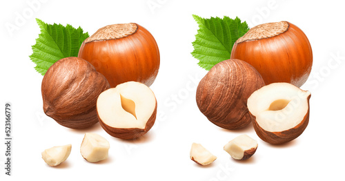 Two hazelnut groups with small pieces and leaves