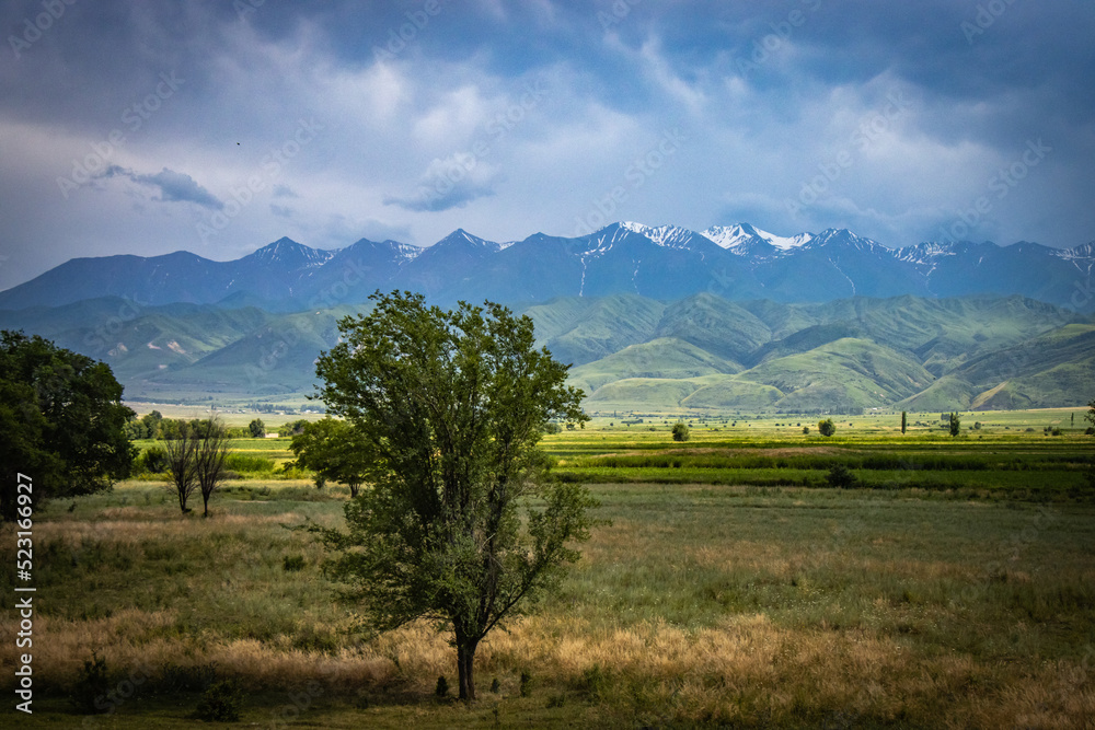 landscape with mountains and meadow near Tokmok, Kyrgyzstan, Central Asia