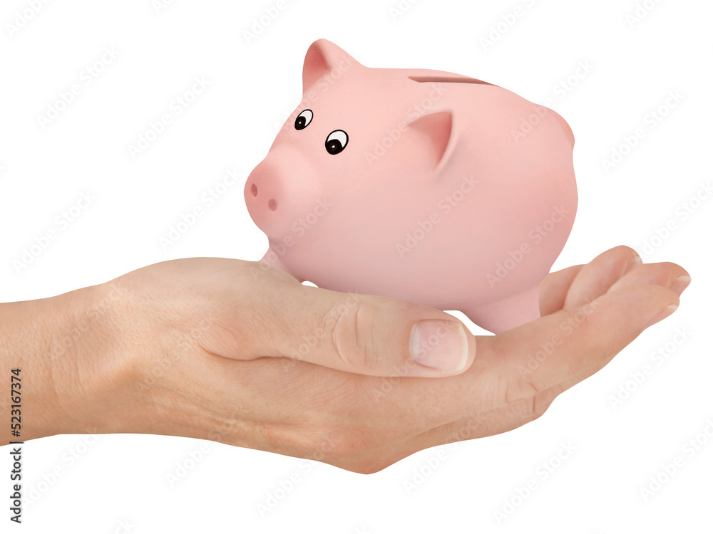 Finanzen mit Hand und Sparschwein  Hintergrund transparent