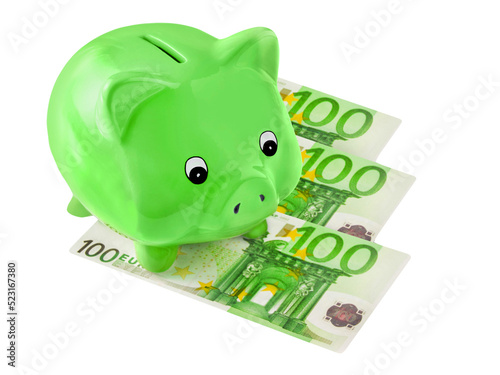 Grünes Sparschwein und 300 Euro Hintergrund transparent