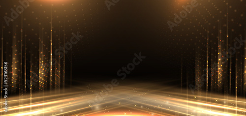 Elegant golden stage diagonal glowing with lighting effect sparkle on black background. Template premium award design.