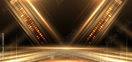 Elegant golden stage diagonal glowing with lighting effect sparkle on black background. Template premium award design.