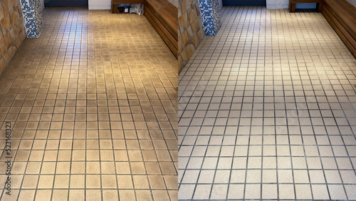 Bild auf Leinwand Before and after, cleaning an old beige ceramic floor