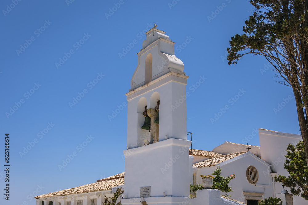 Bell tower of Vlacherna Monastery in Corfu town, Corfu Island, Greece